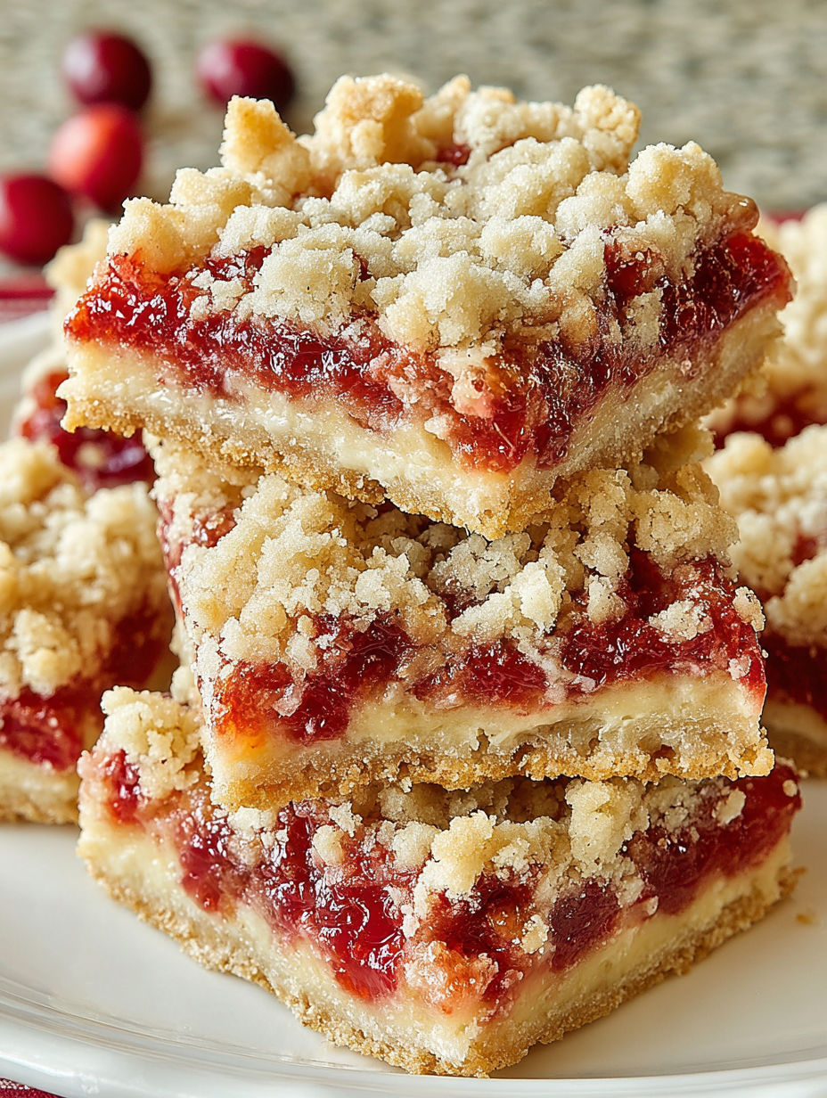 A stack of dessert bars with a red fruit topping.