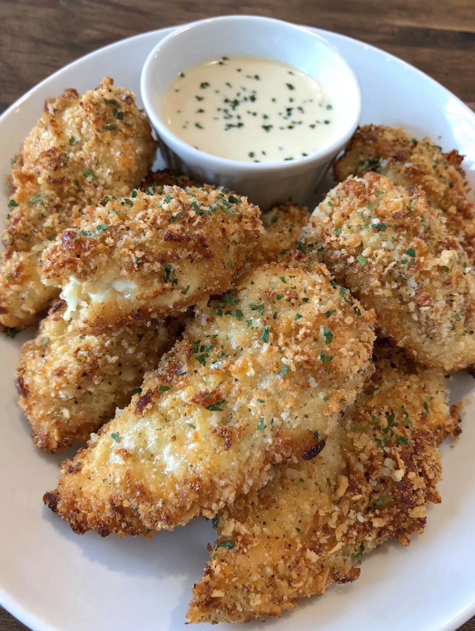 A plate of breaded chicken with a dipping sauce.