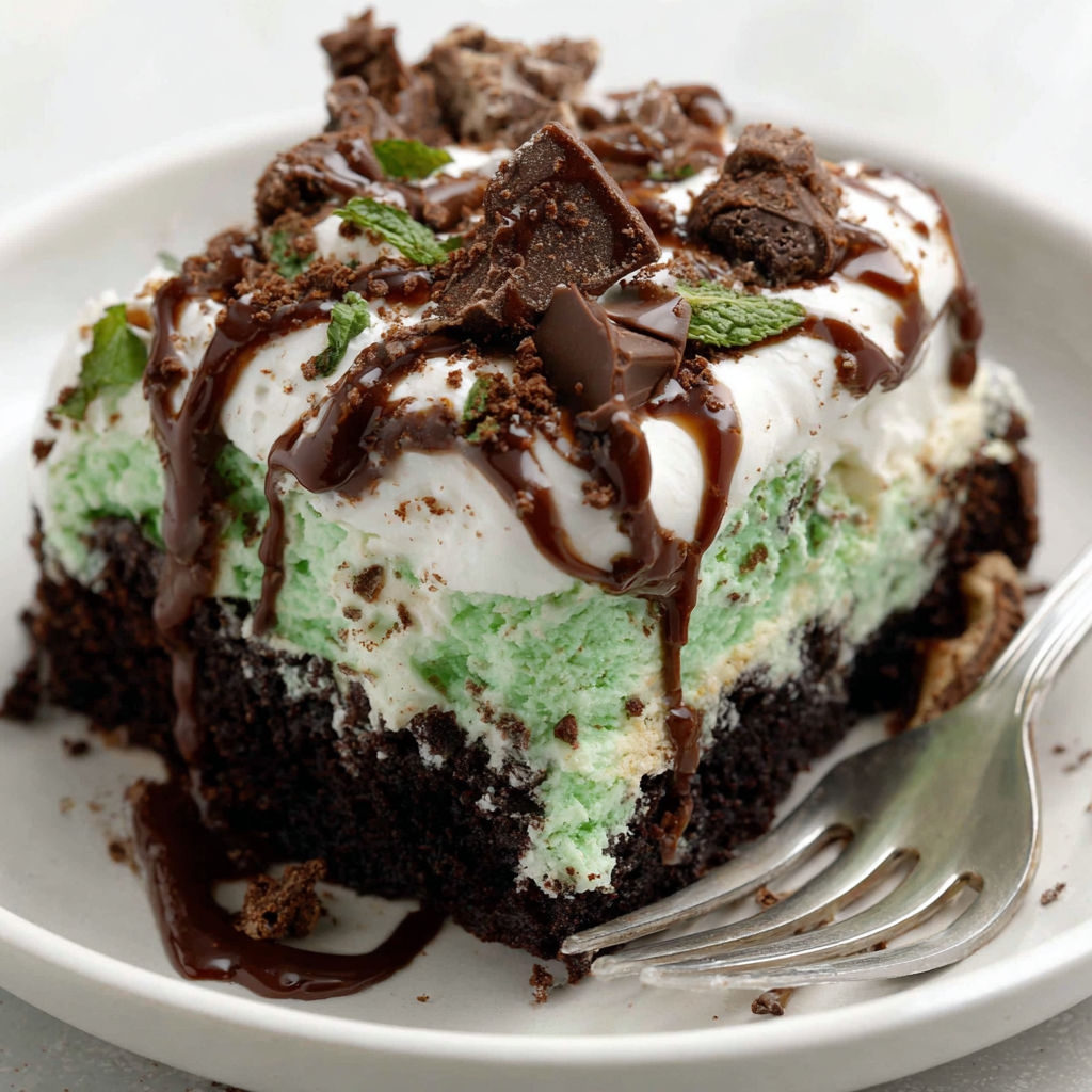 A slice of mint chocolate poke cake.