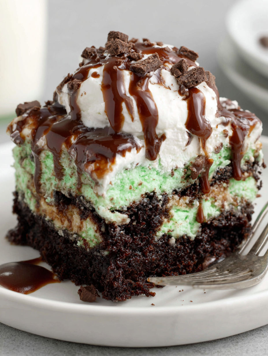 A slice of mint chocolate poke cake.