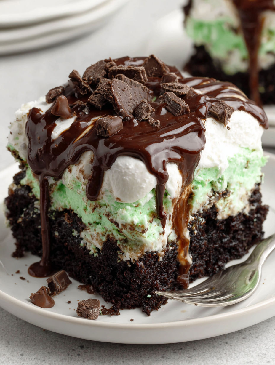 A slice of Mint Chocolate Poke Cake.