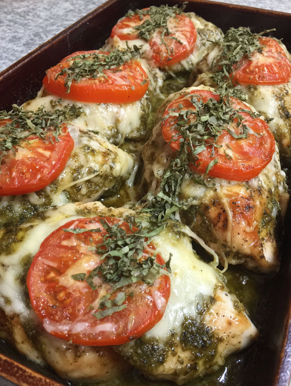 A dish of chicken with tomatoes and herbs.
