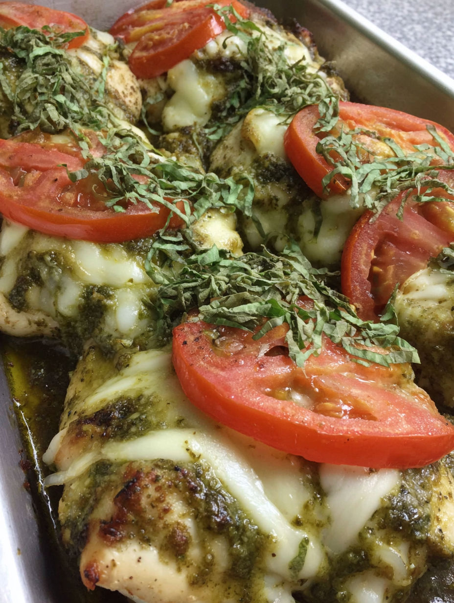 A close up of a chicken breast with tomatoes and herbs.