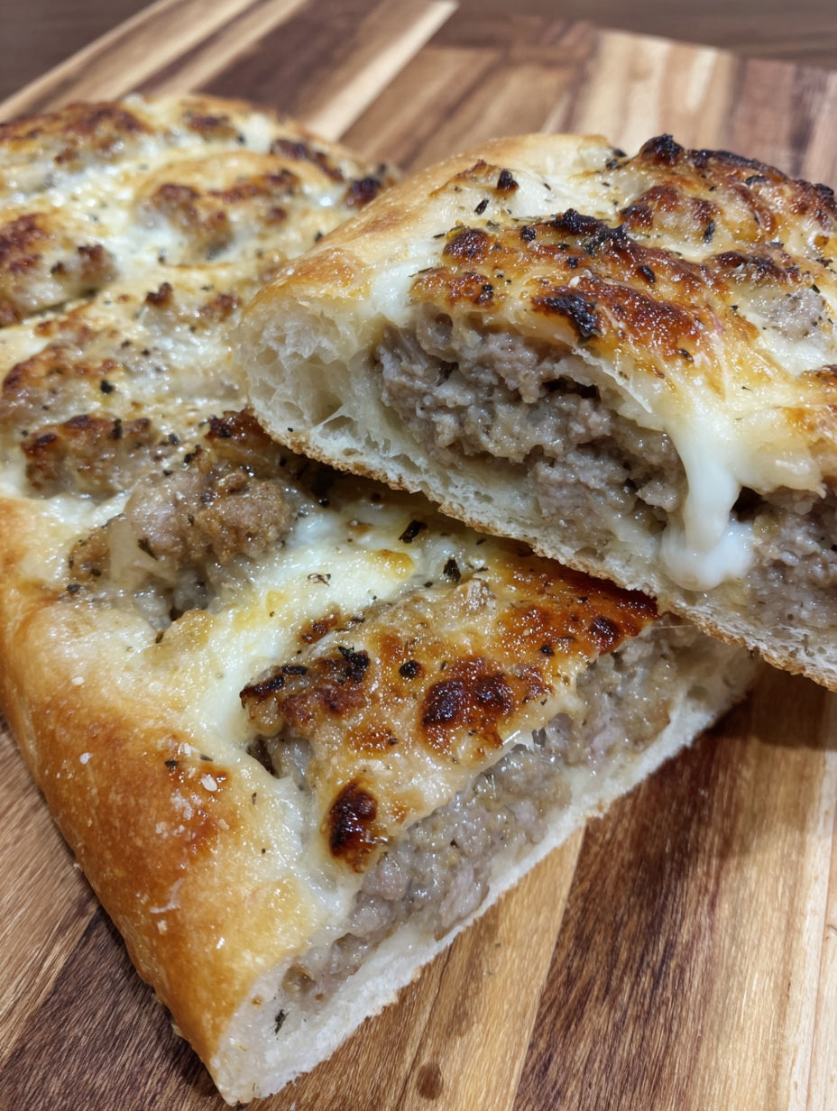 A slice of sausage bread with cheese on top.
