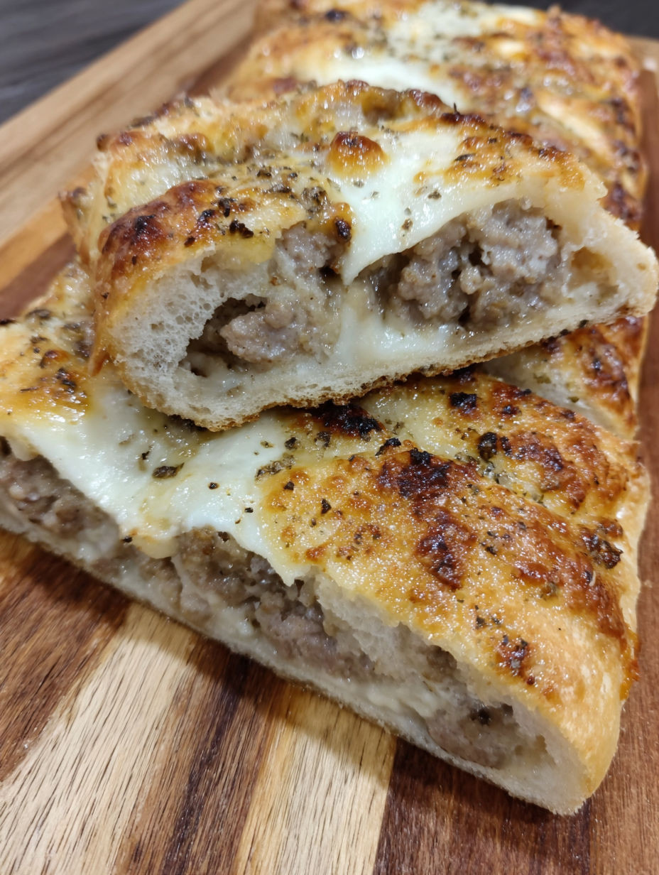 Sausage bread on a wooden table.