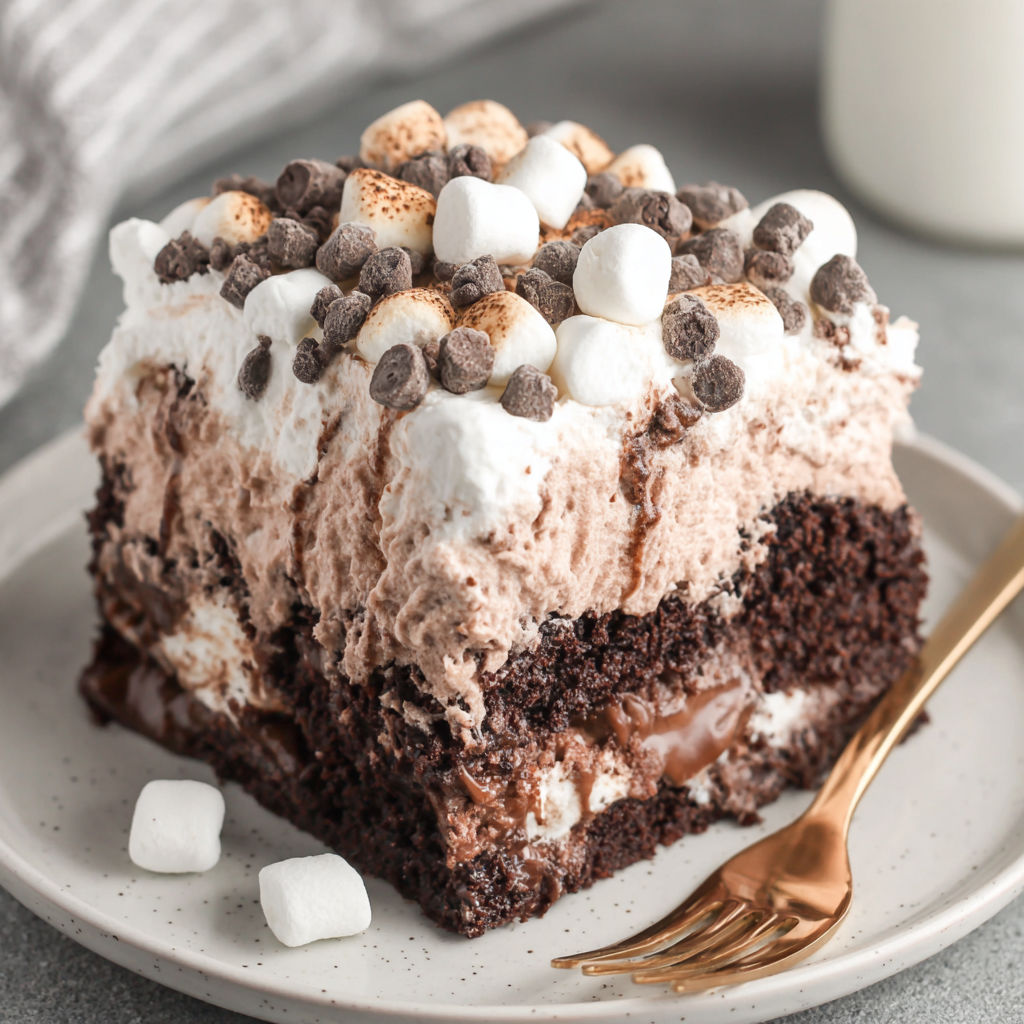 A slice of hot cocoa poke cake.