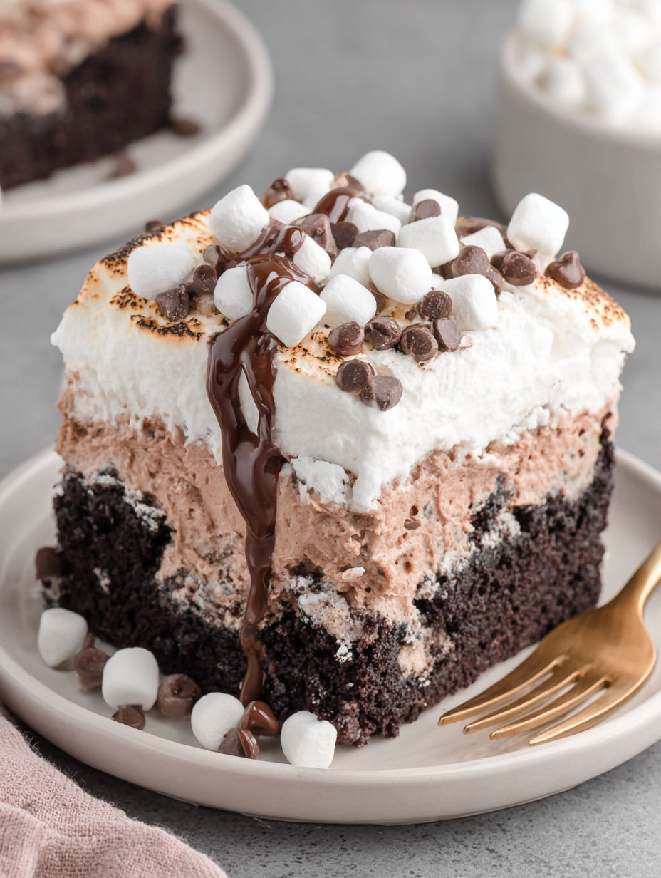 A slice of chocolate cake with marshmallows on top.