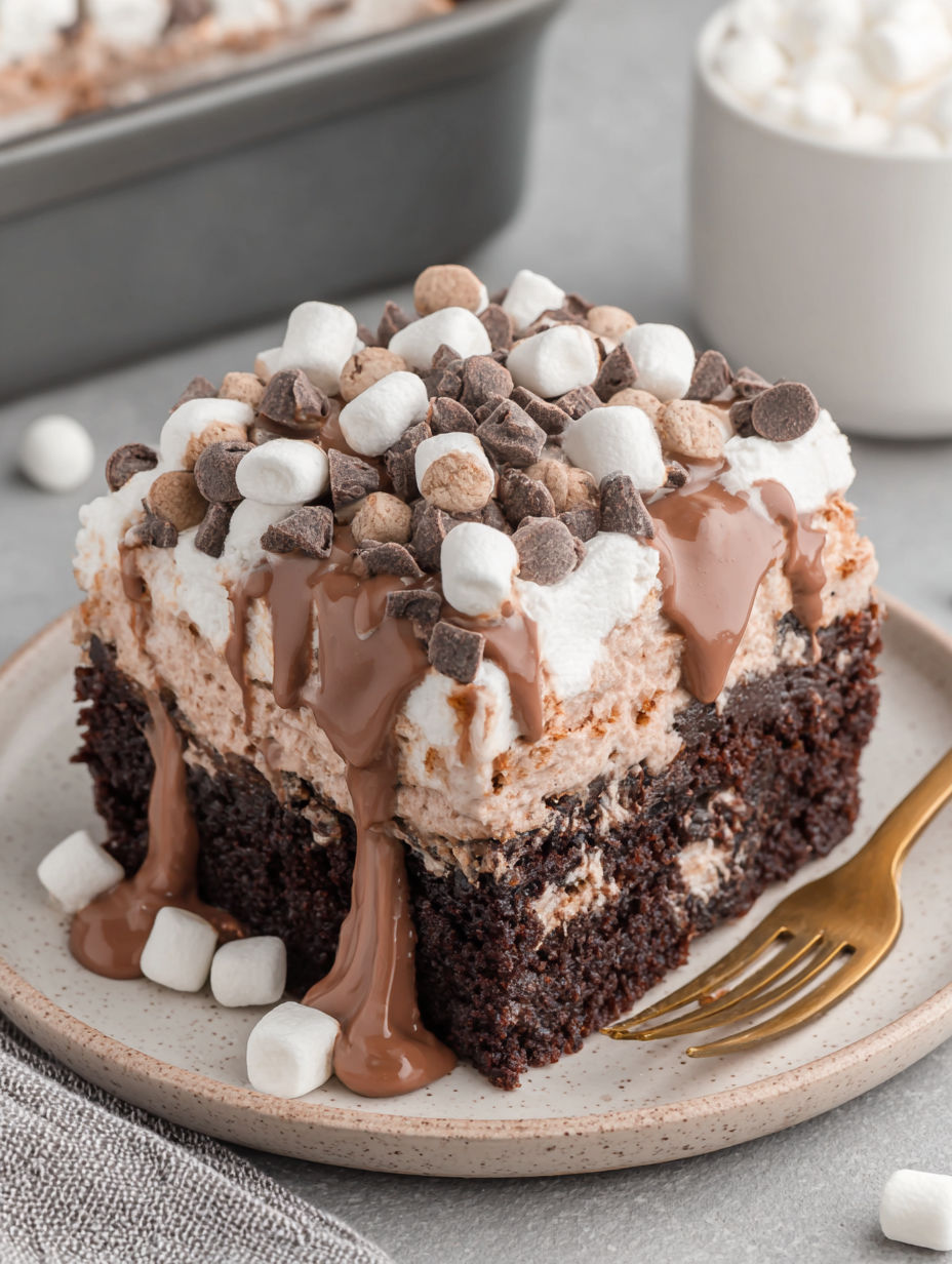 A chocolate cake with marshmallows on top.