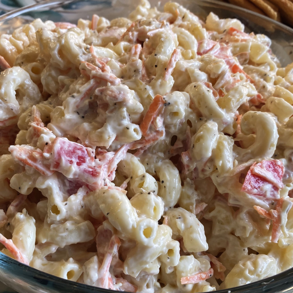 A bowl of macaroni salad with red and orange toppings.
