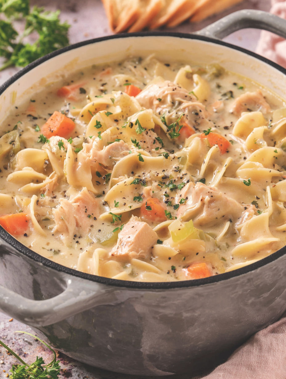 A bowl of soup with chicken and vegetables.