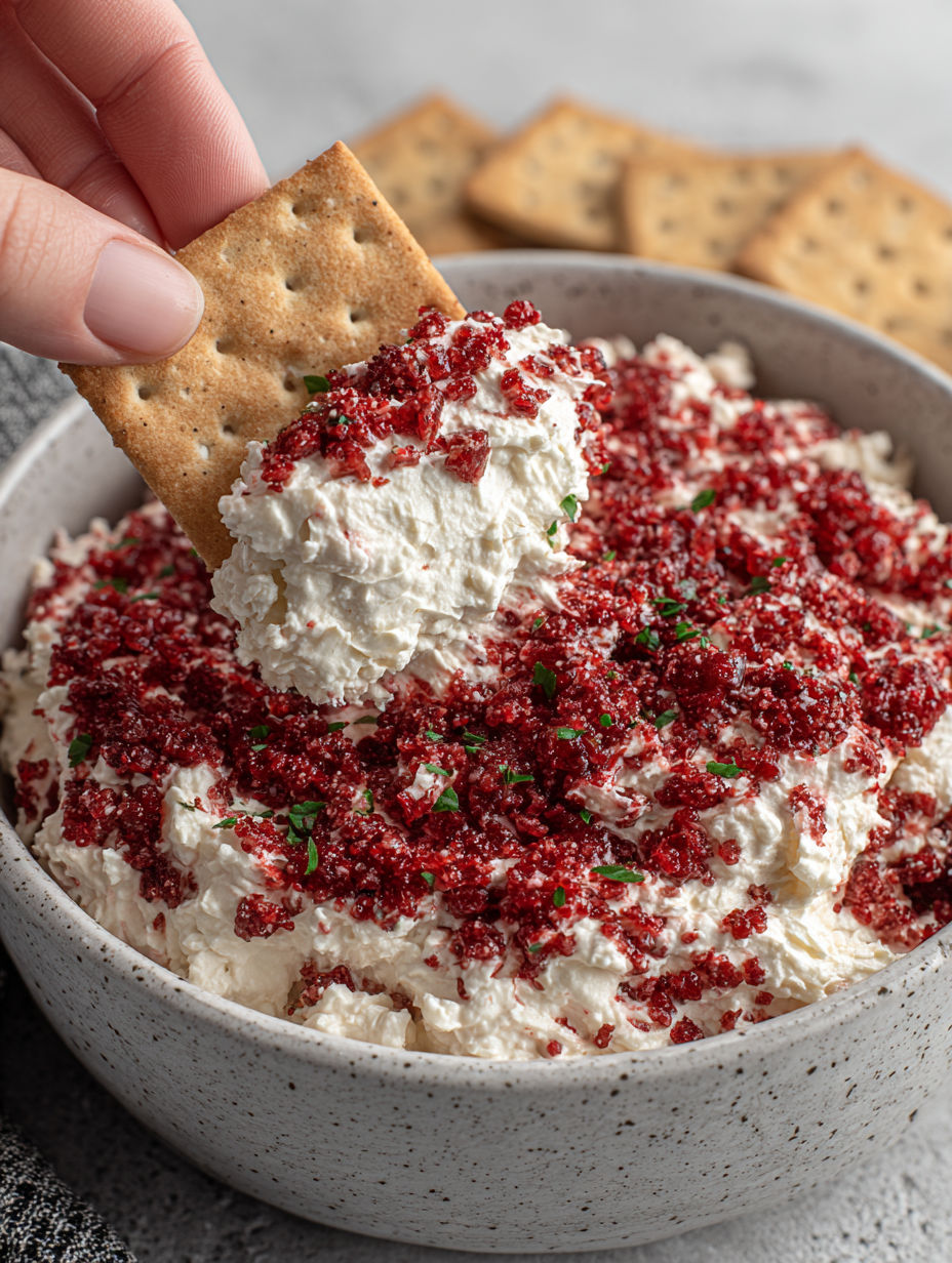 A hand is grabbing a cracker from a bowl of dip.