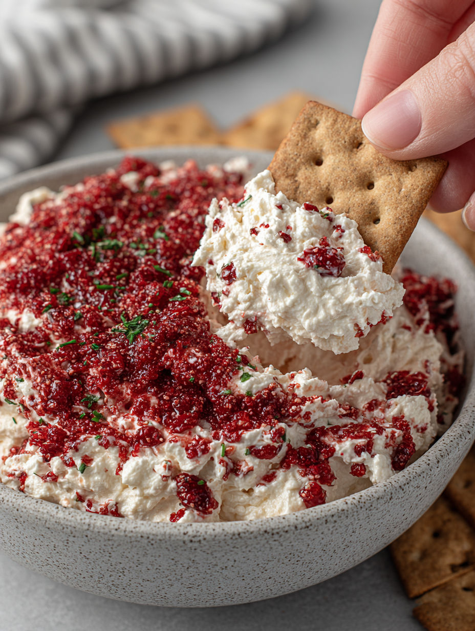 A person is eating a cracker with a red dip.