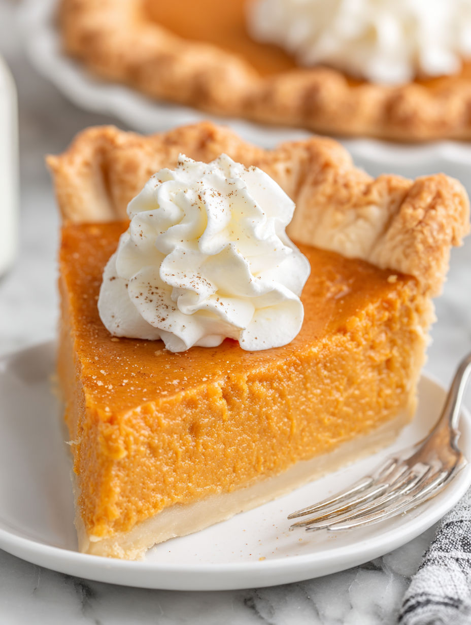 A slice of pie with whipped cream on top.