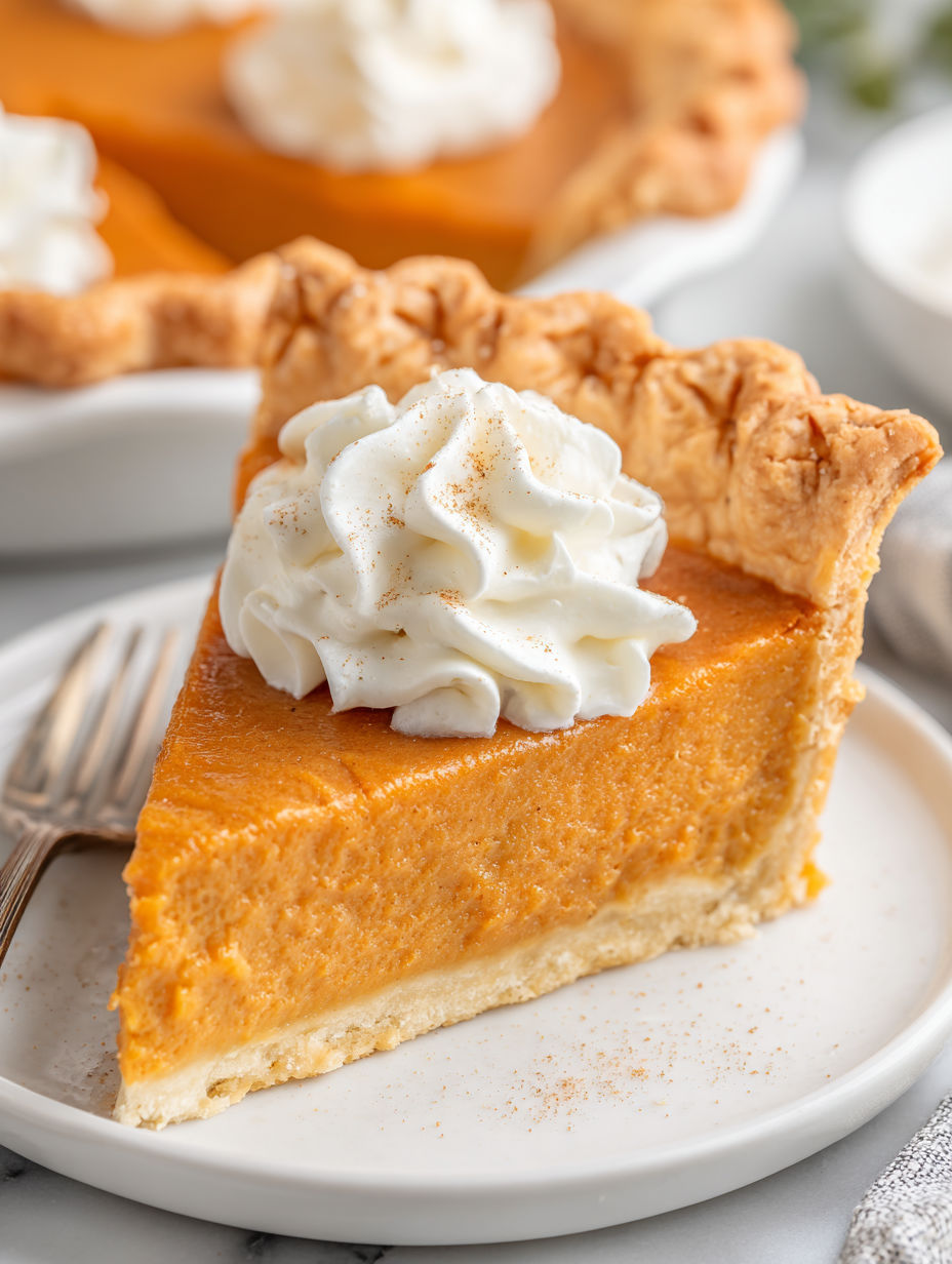 A slice of pumpkin pie with whipped cream on top.