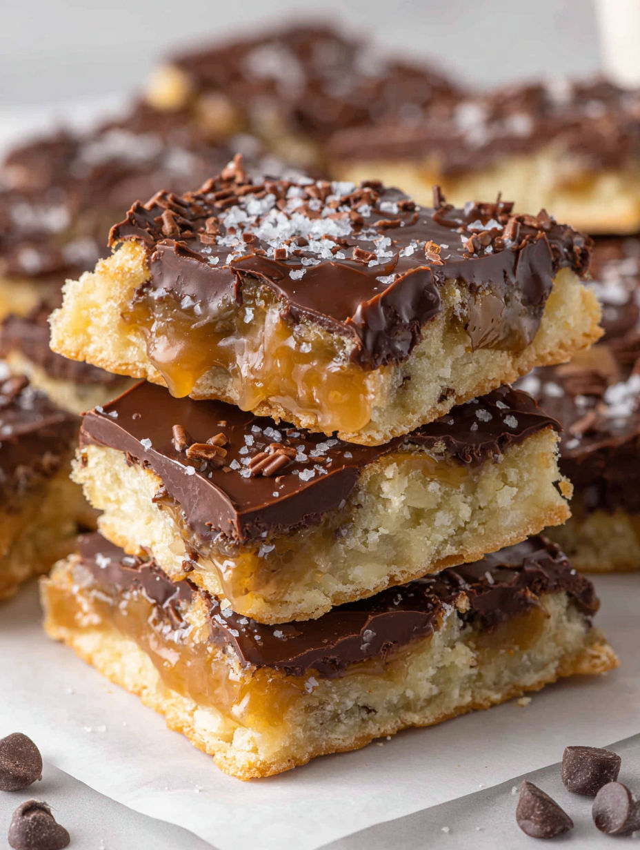 A stack of chocolate and caramel desserts.