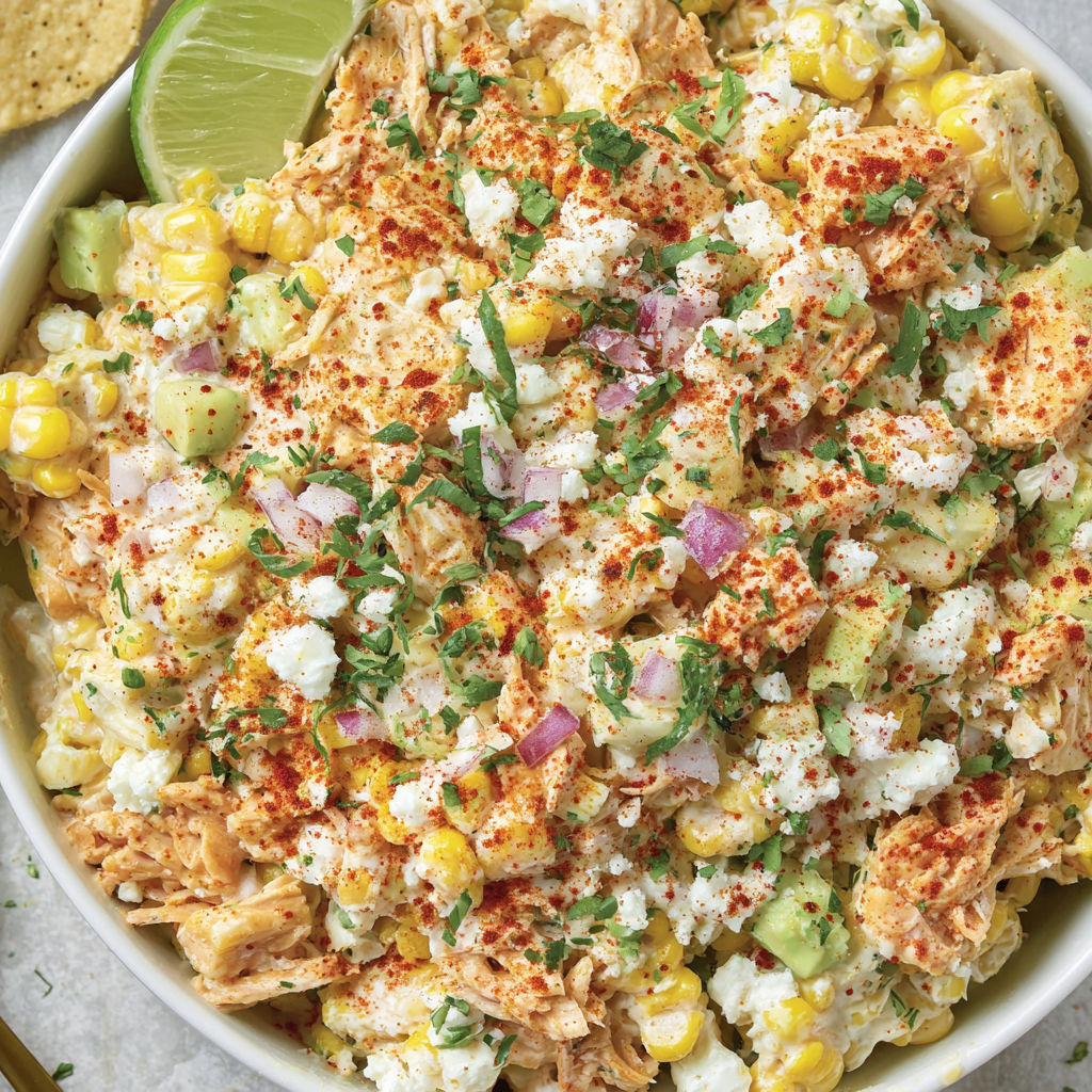 A bowl of chicken salad with corn and avocado.