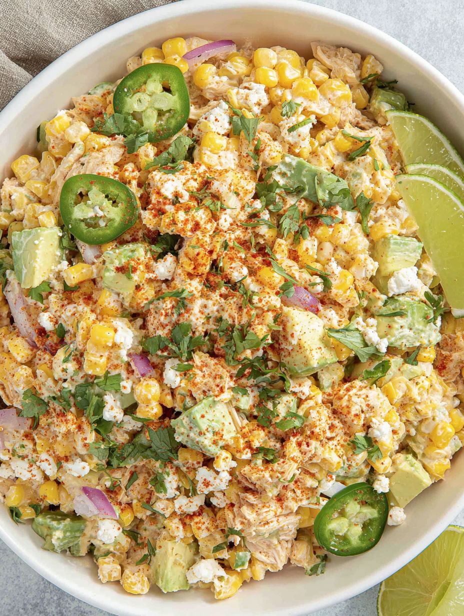 A bowl of food with corn, jalapenos, and cheese.