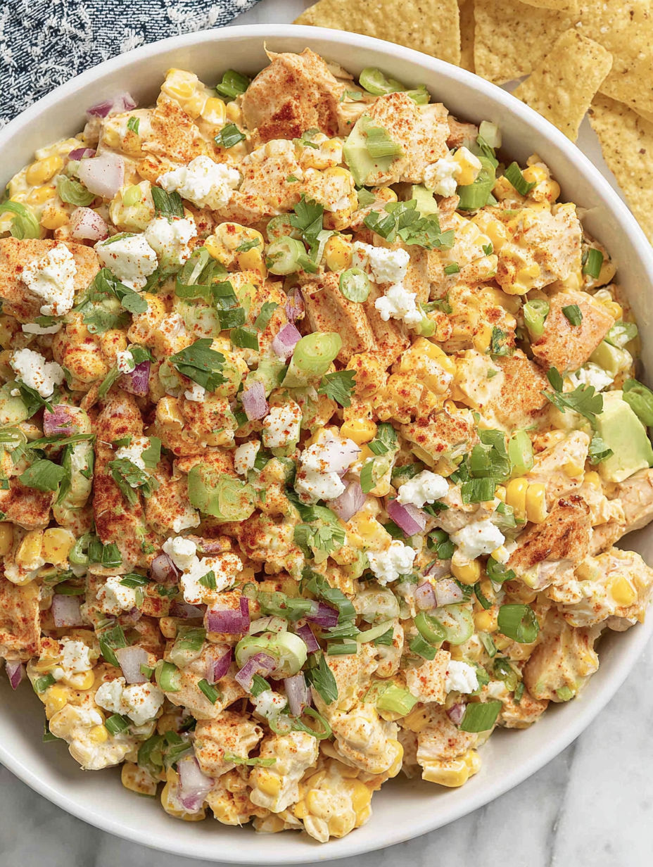 A bowl of food with corn and cheese.