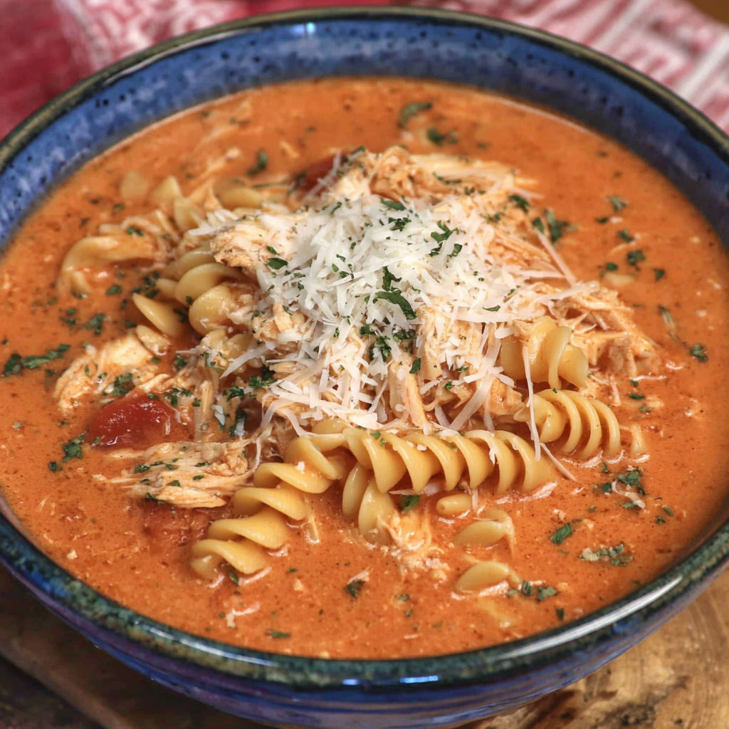 A bowl of chicken parmesan soup with pasta.