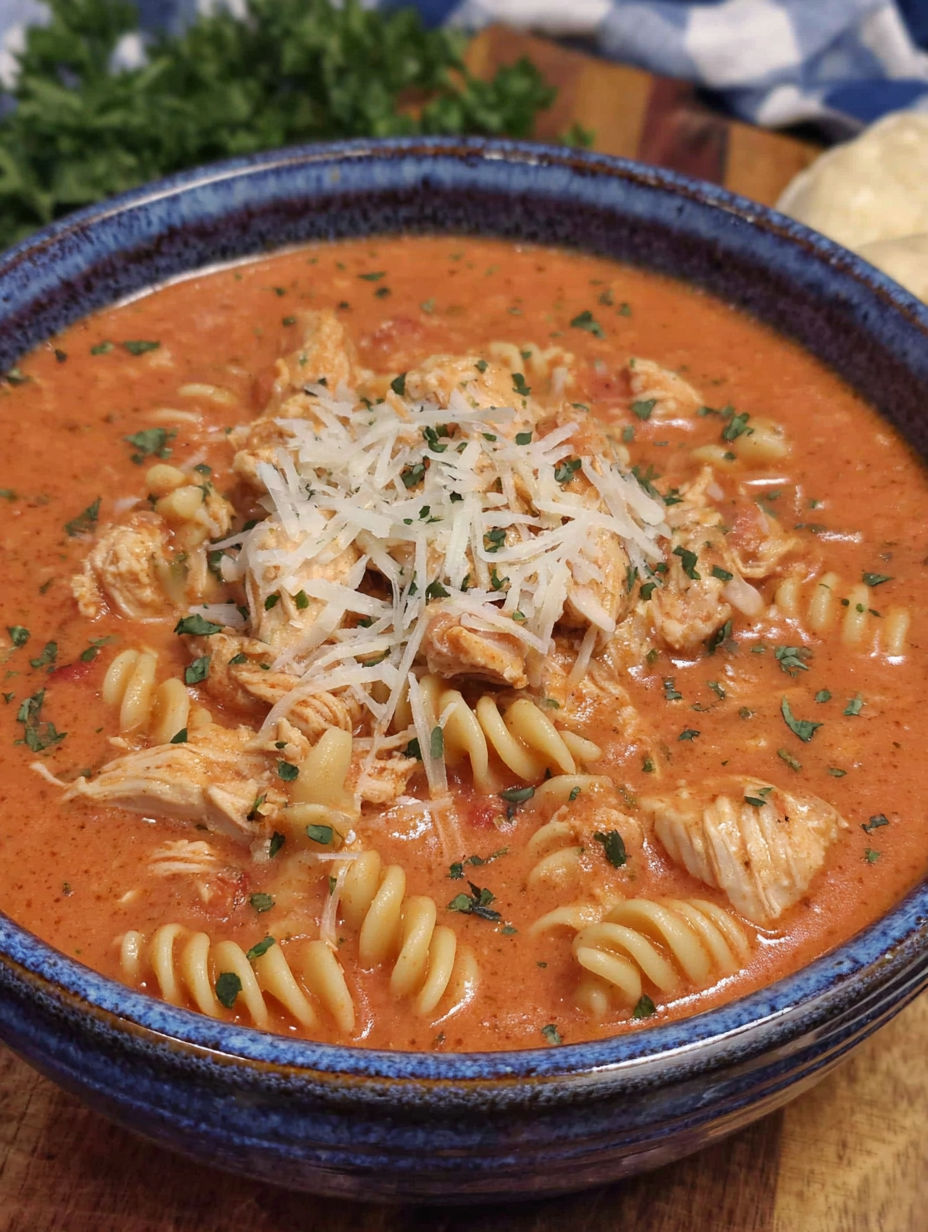 A bowl of pasta with chicken and cheese.