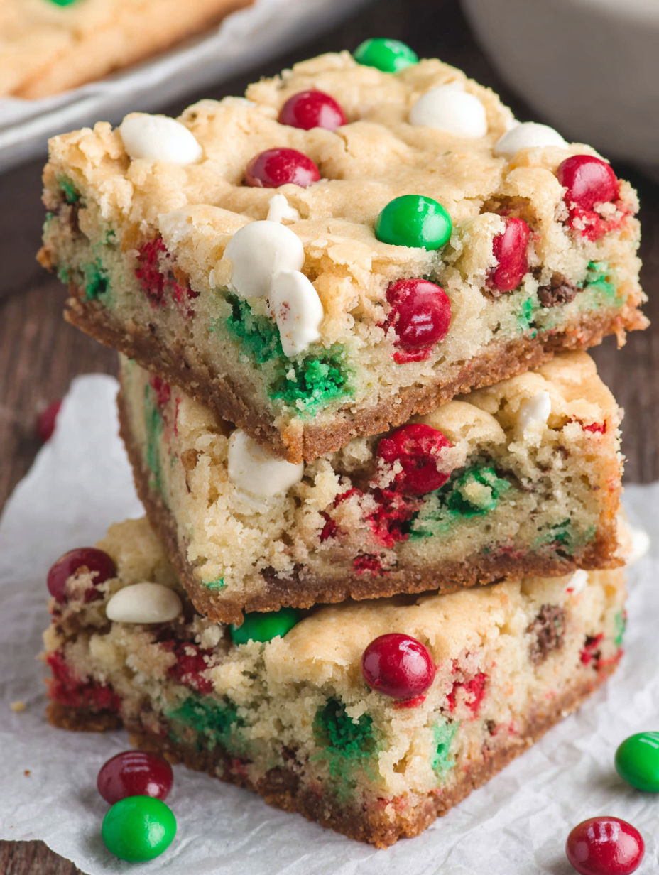 A stack of three cake bars with white frosting and red and green candy decorations.