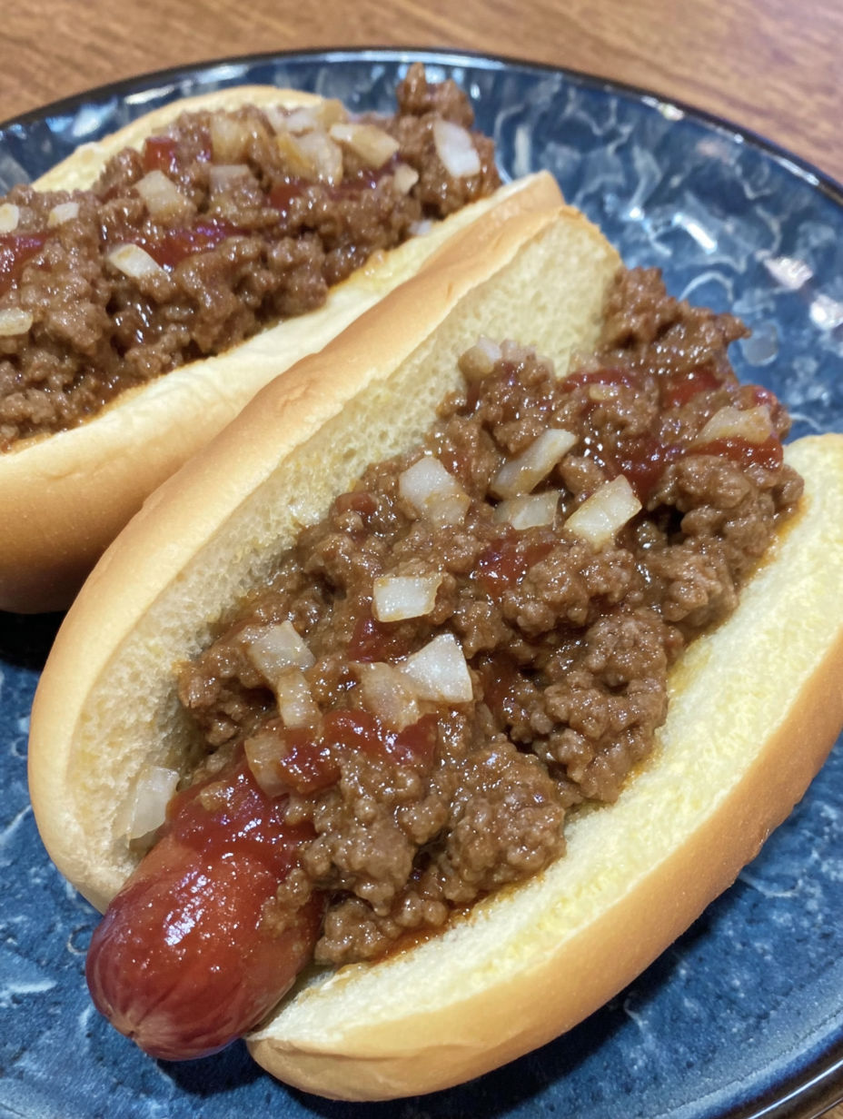 A hot dog with chili and onions.