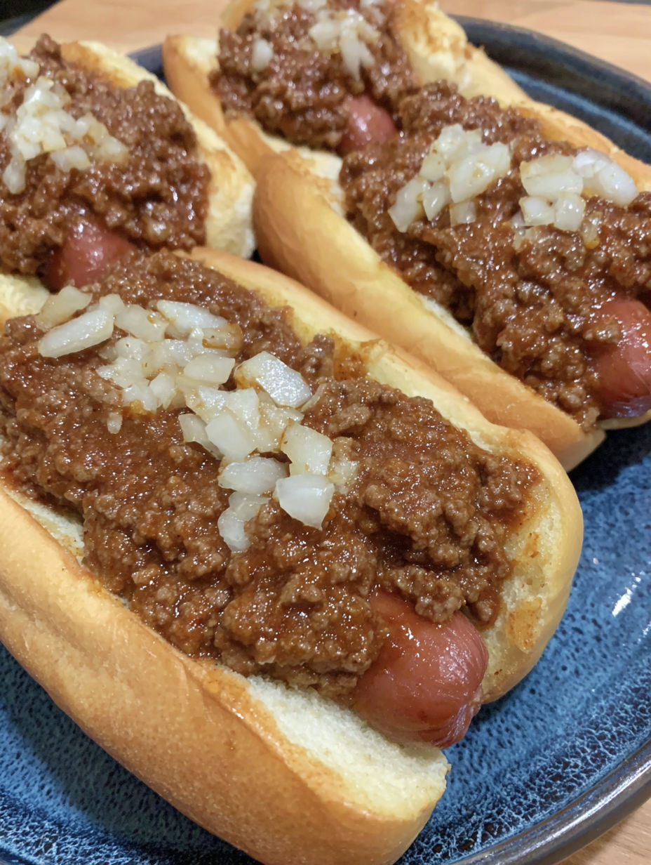 A chili dog with onions on a plate.
