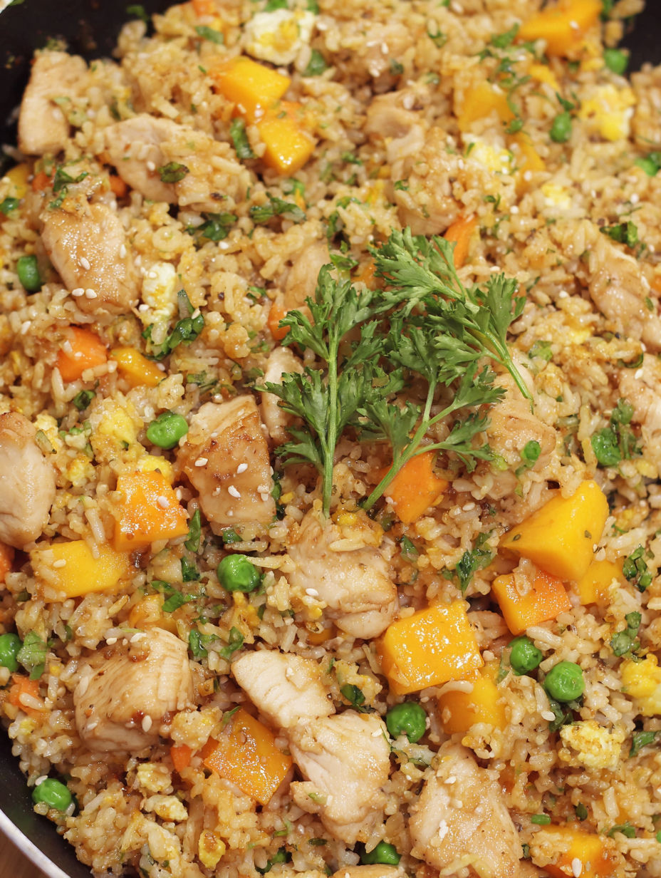 Mango chicken fried rice with peas and carrots.