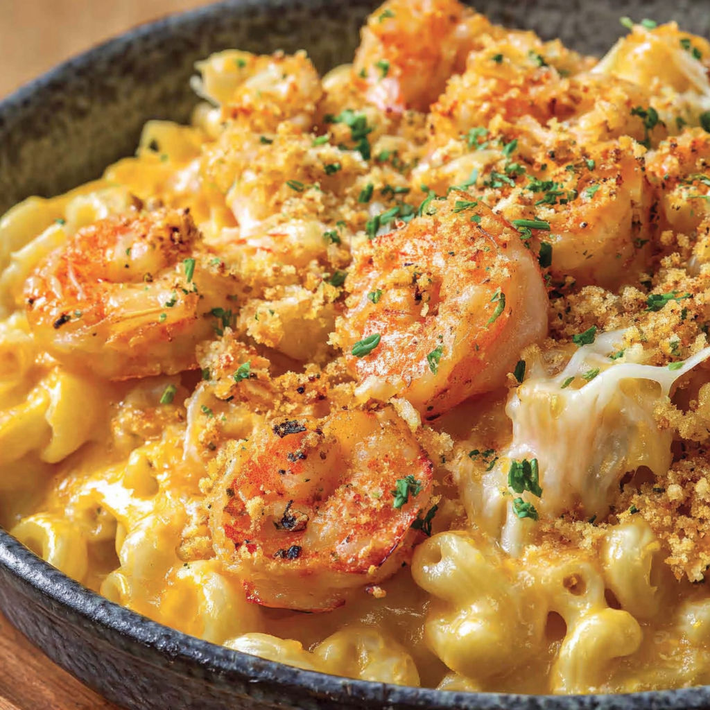 A bowl of seafood mac and cheese.