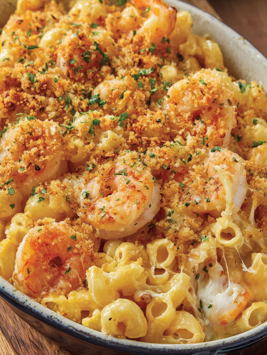 A bowl of seafood mac and cheese.