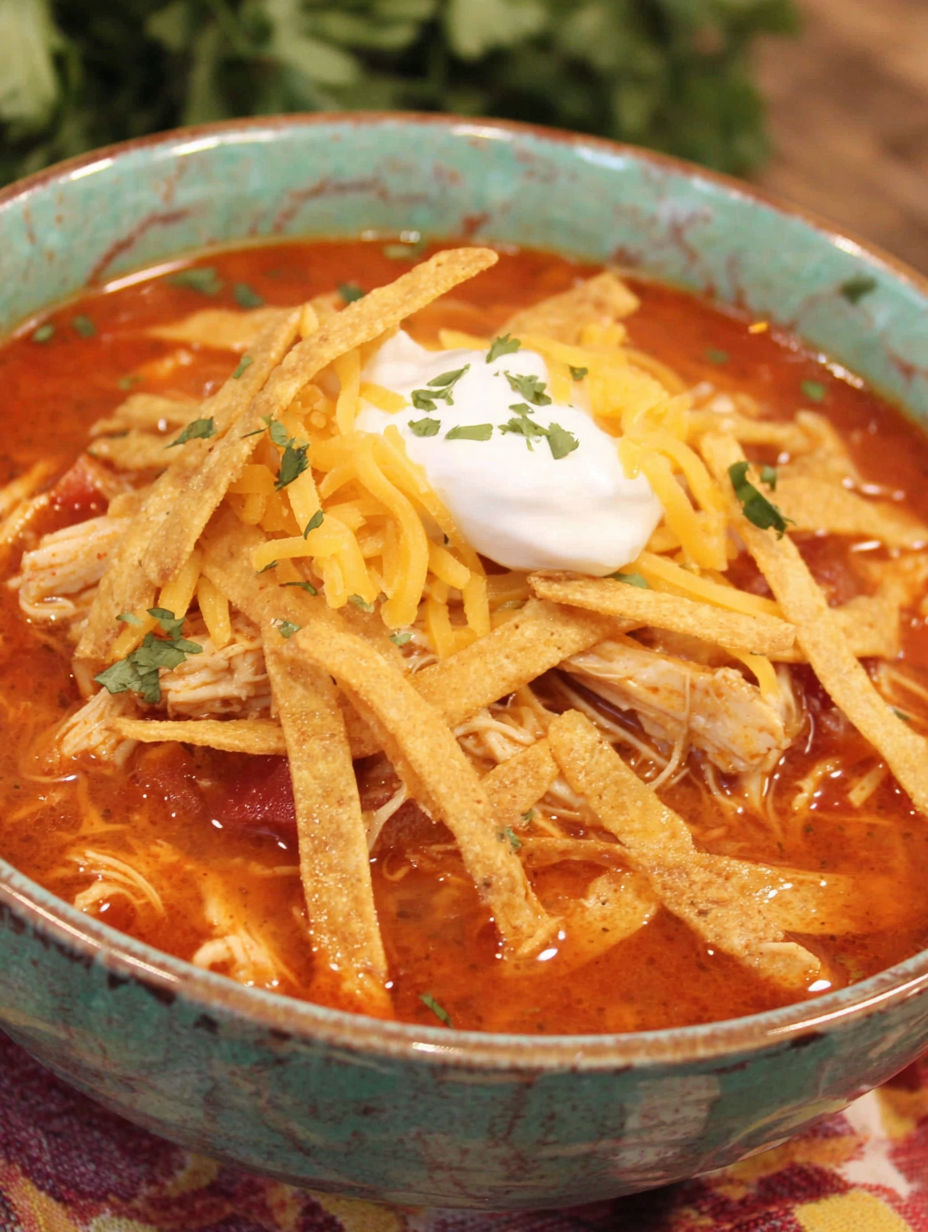 A bowl of chicken tortilla soup with a dollop of sour cream on top.
