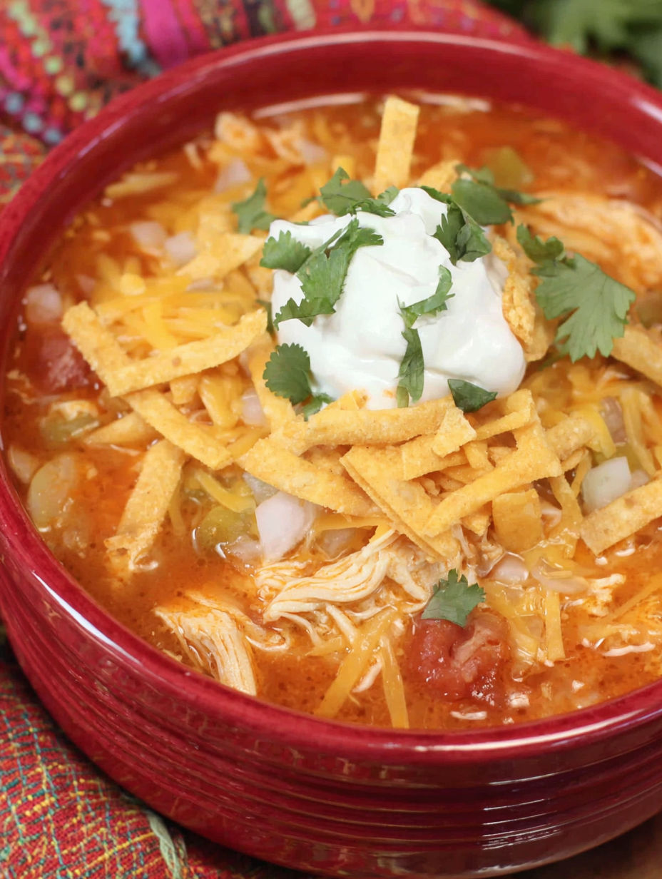 A bowl of chicken tortilla soup with a dollop of sour cream on top.