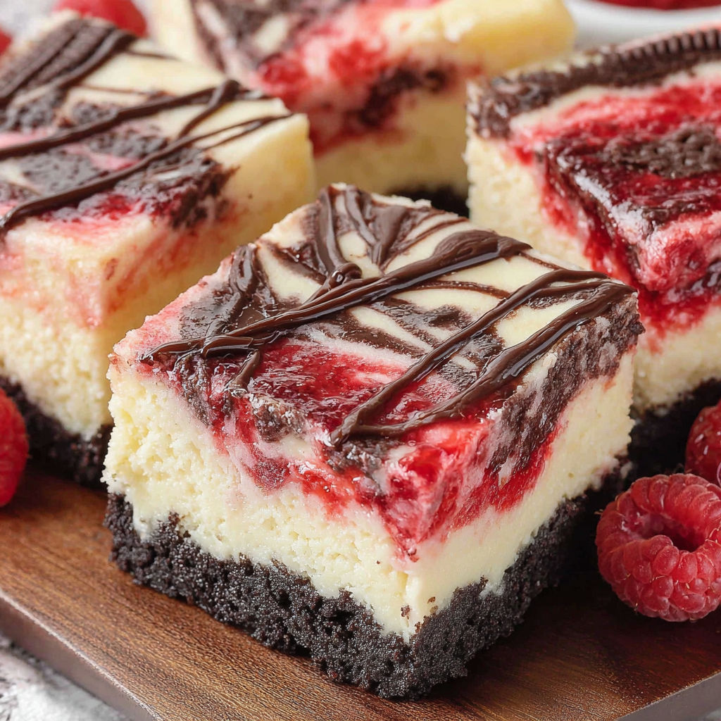 A close up of a slice of white chocolate raspberry cheesecake bars.
