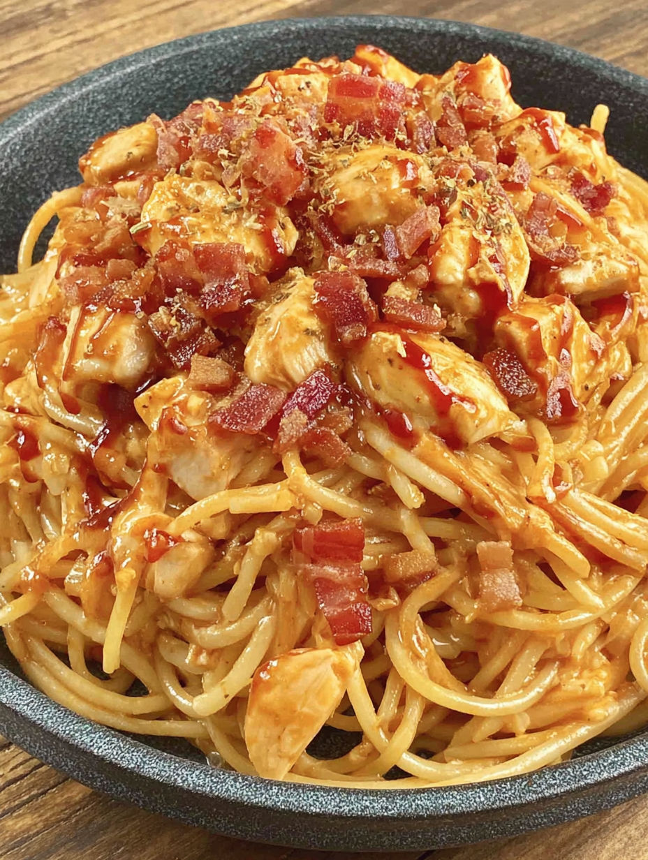A bowl of spaghetti with chicken and bacon.
