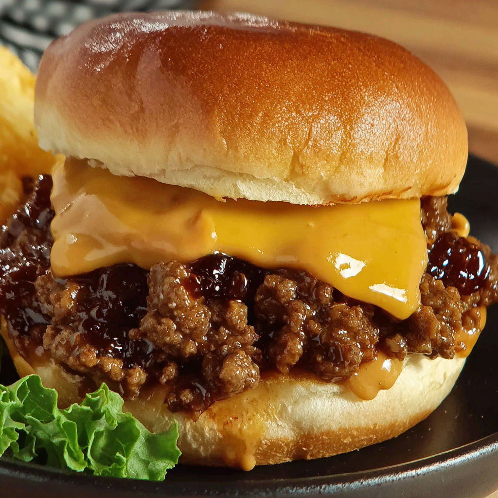 A sloppy joe sandwich with cheese and jelly.