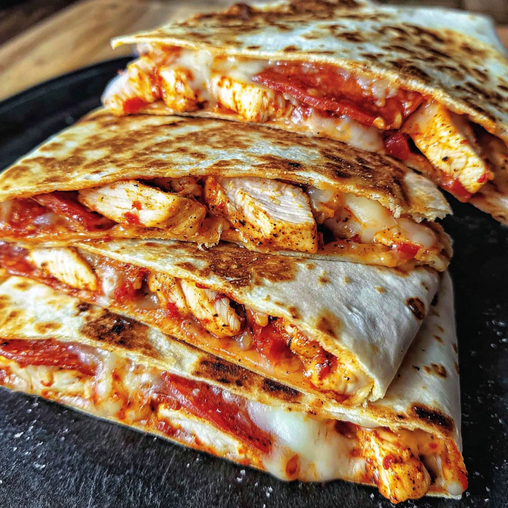 A stack of chicken and pepperoni pizza melts.
