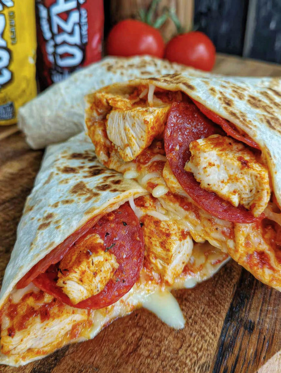 A chicken and pepperoni sandwich with cheese.