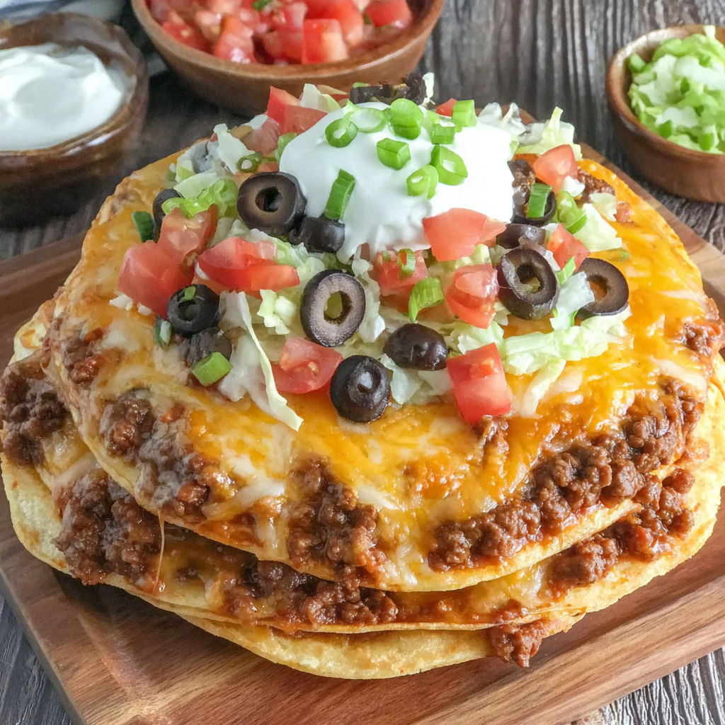 A Taco Bell Mexican Pizza with lettuce, tomatoes, olives, and cheese.