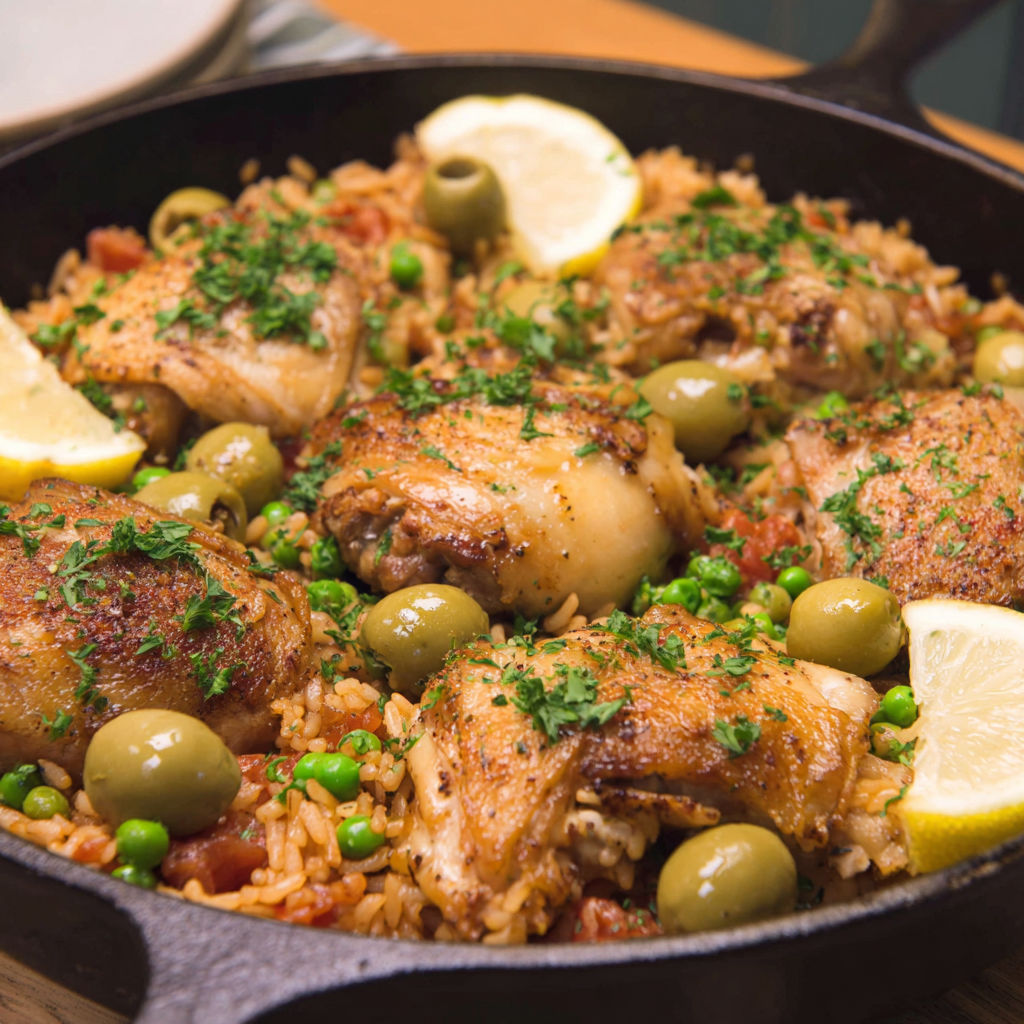 A one-pot chicken and rice dish with olives and lemon.