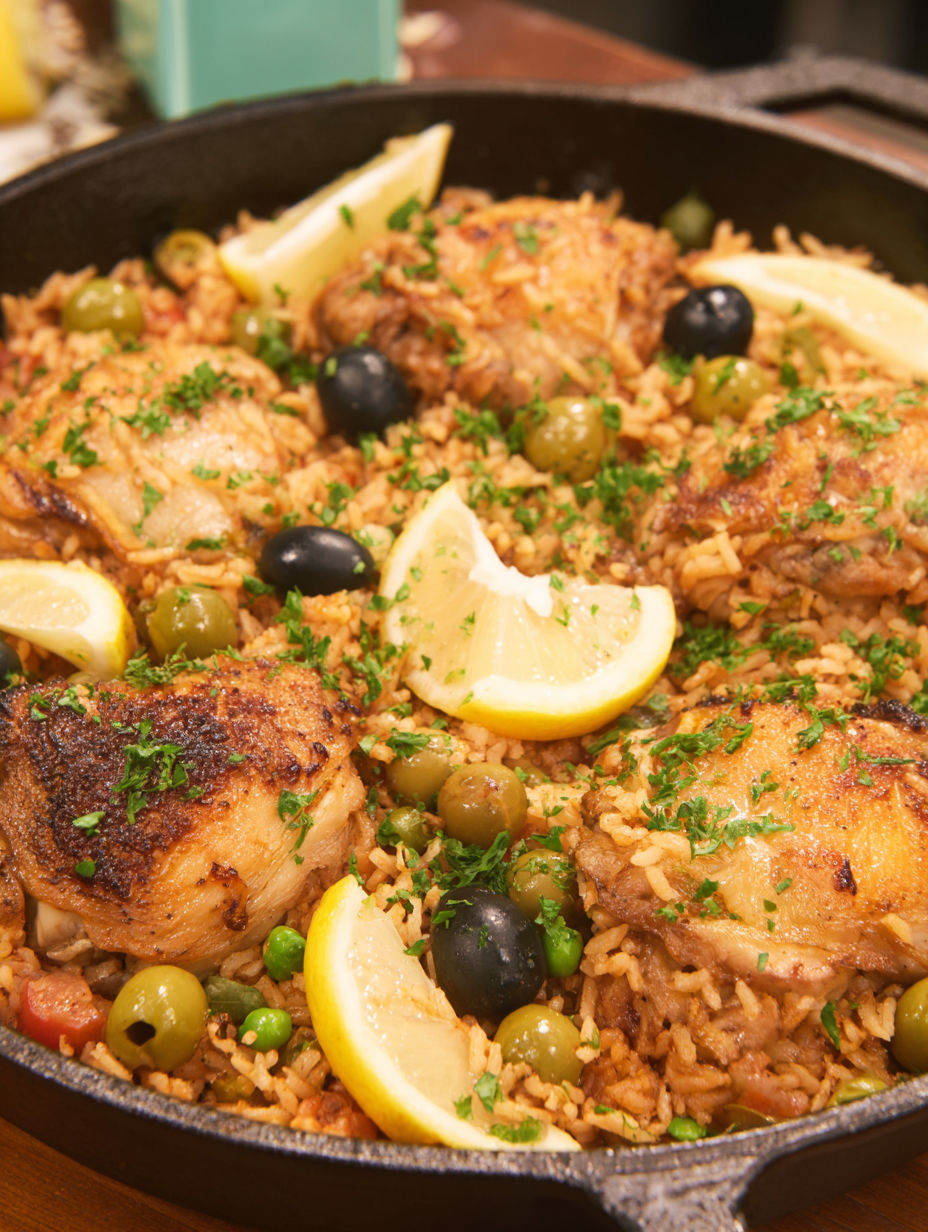 A dish of rice with chicken and vegetables.