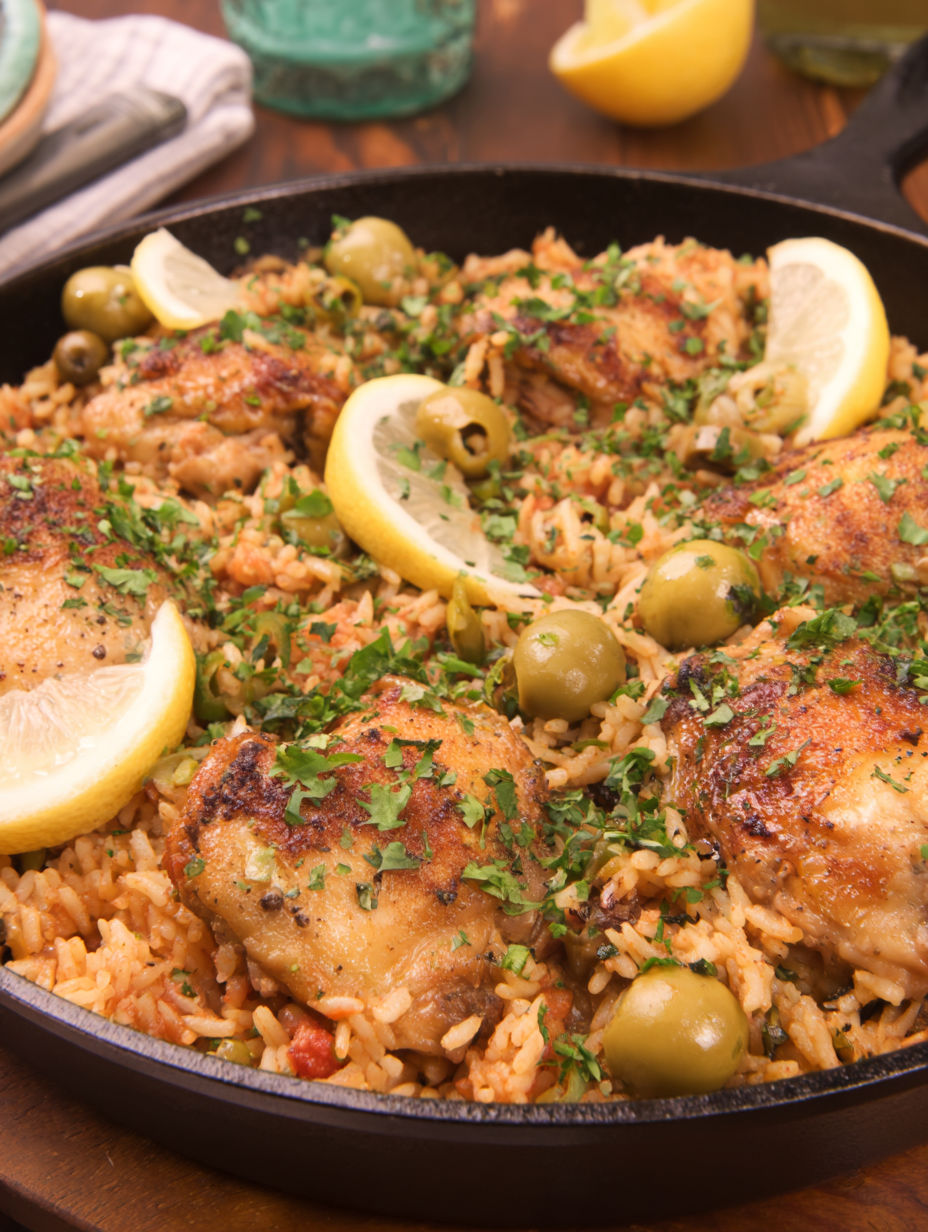 A pan of rice with chicken and lemon wedges.