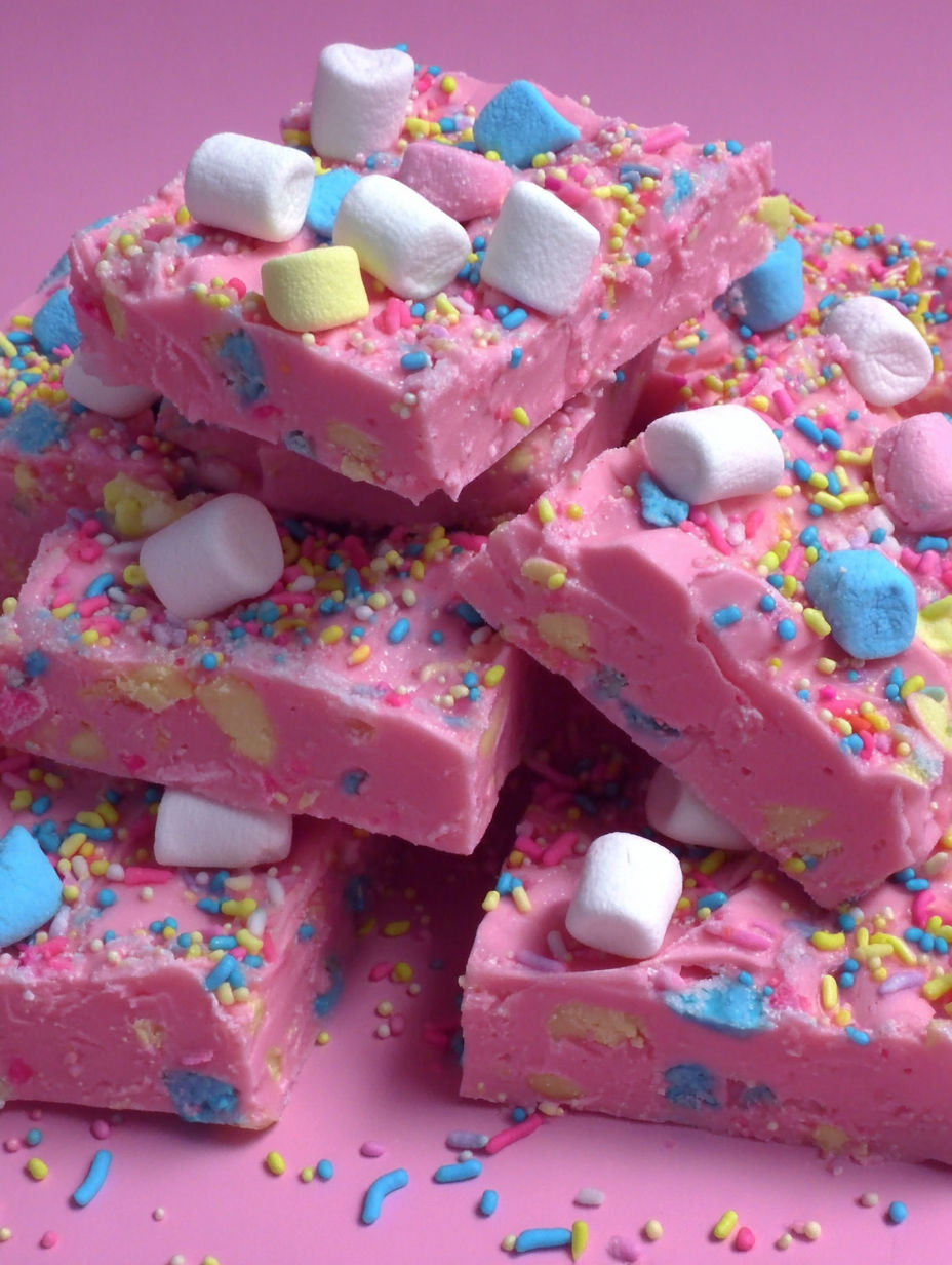 A pink and yellow dessert with marshmallows.