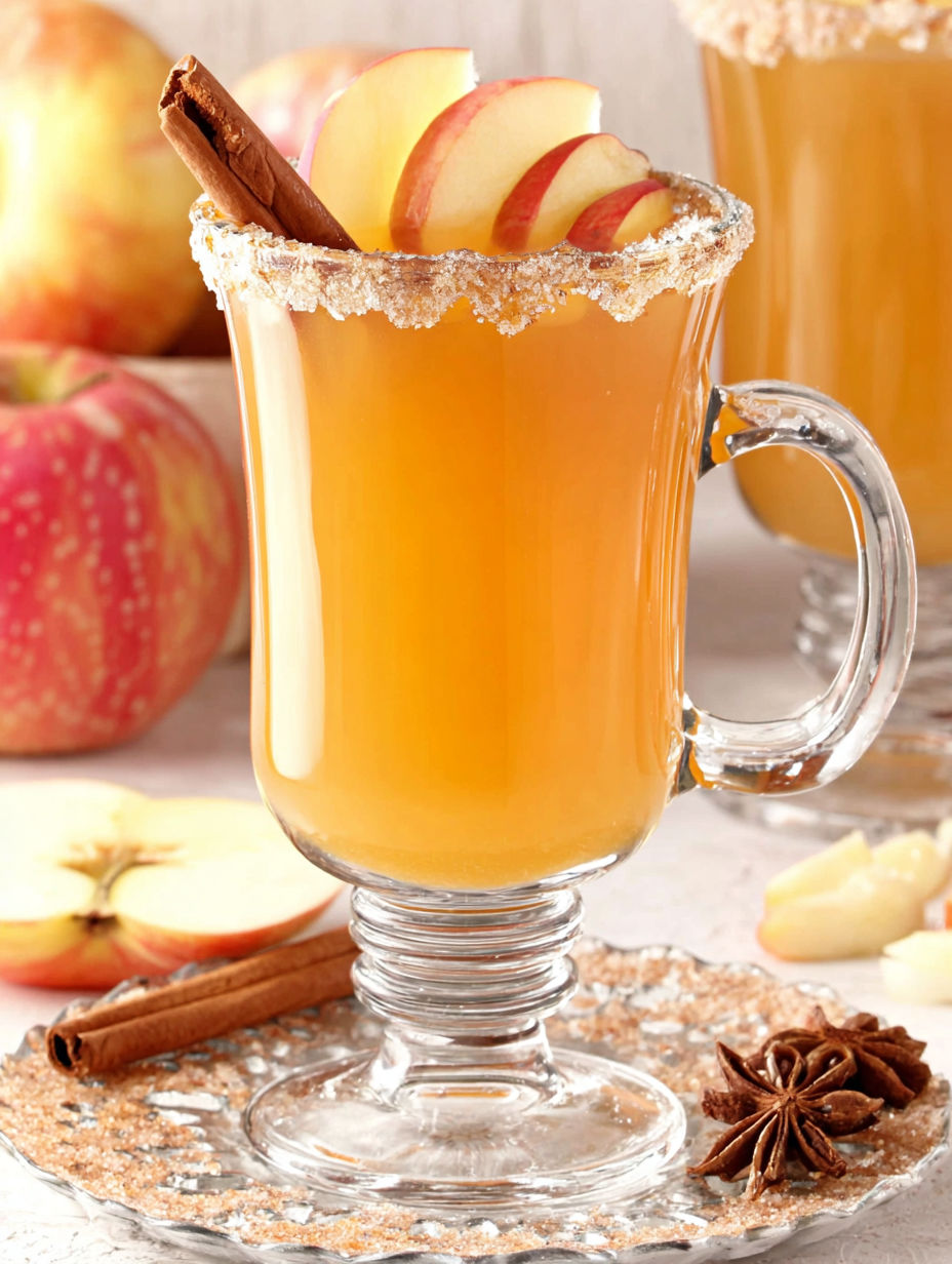A glass of apple cider with cinnamon sticks in it.