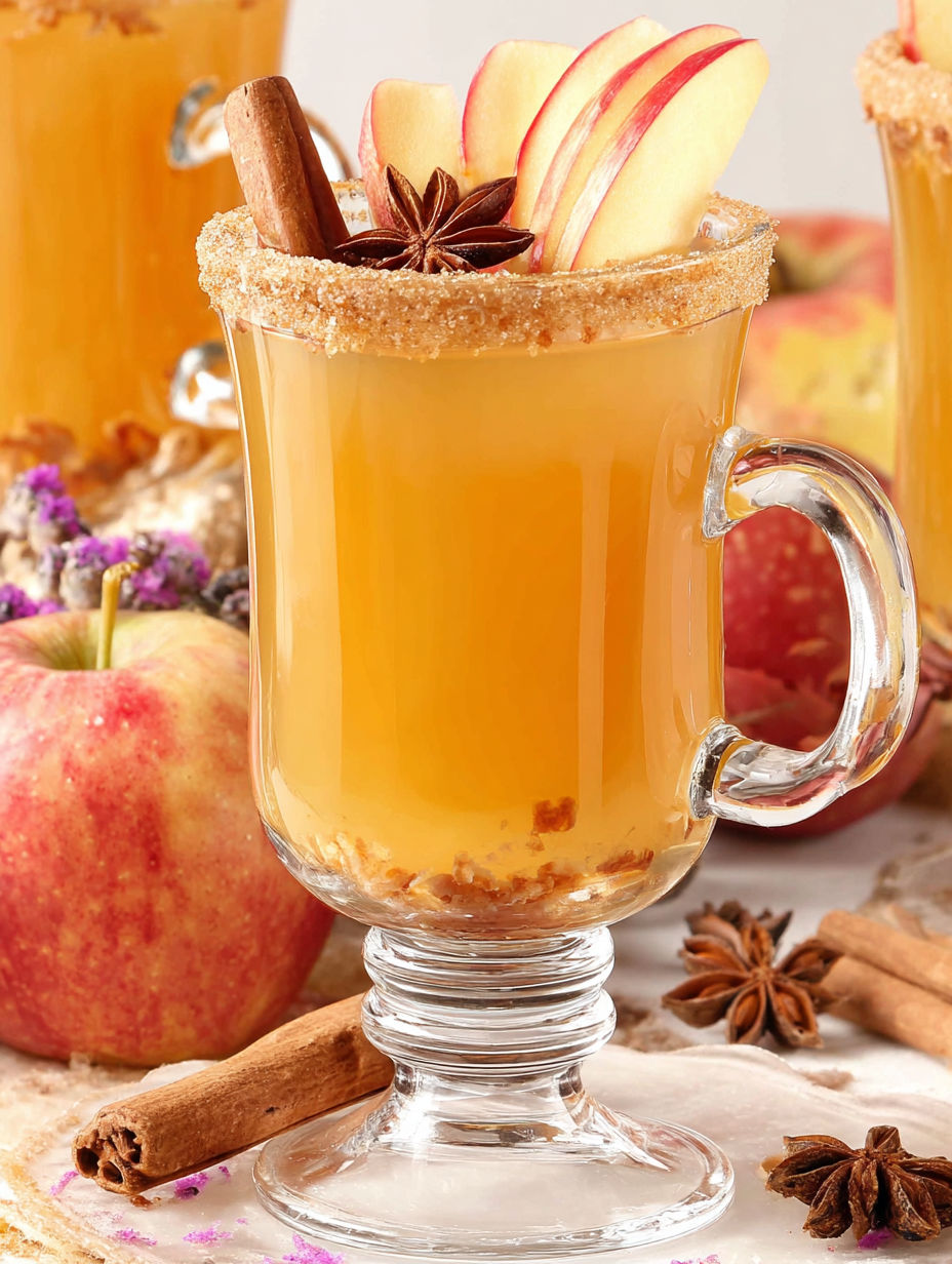 A glass of apple cider with cinnamon and star anise.