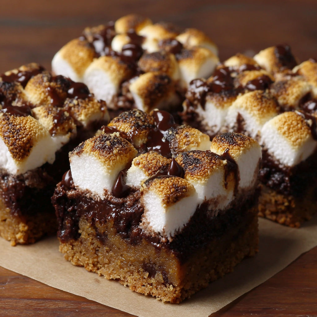 A close up of a delicious smores gingerbread cookie bar.