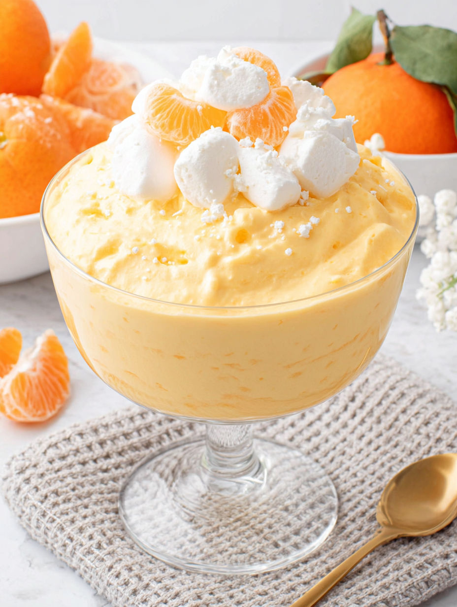 A glass bowl filled with a creamy dessert topped with orange slices and whipped cream.
