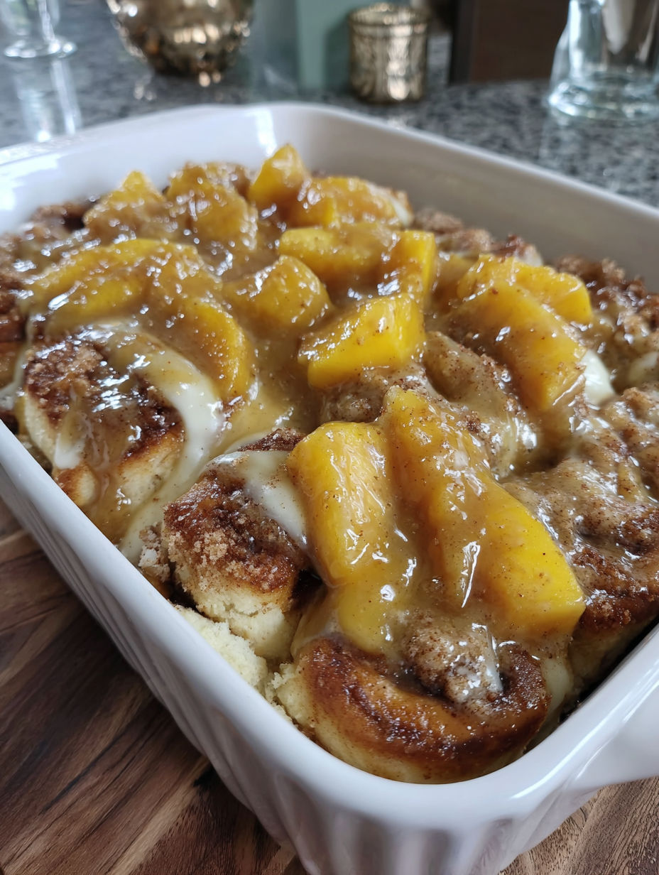A casserole with peaches and cinnamon rolls.