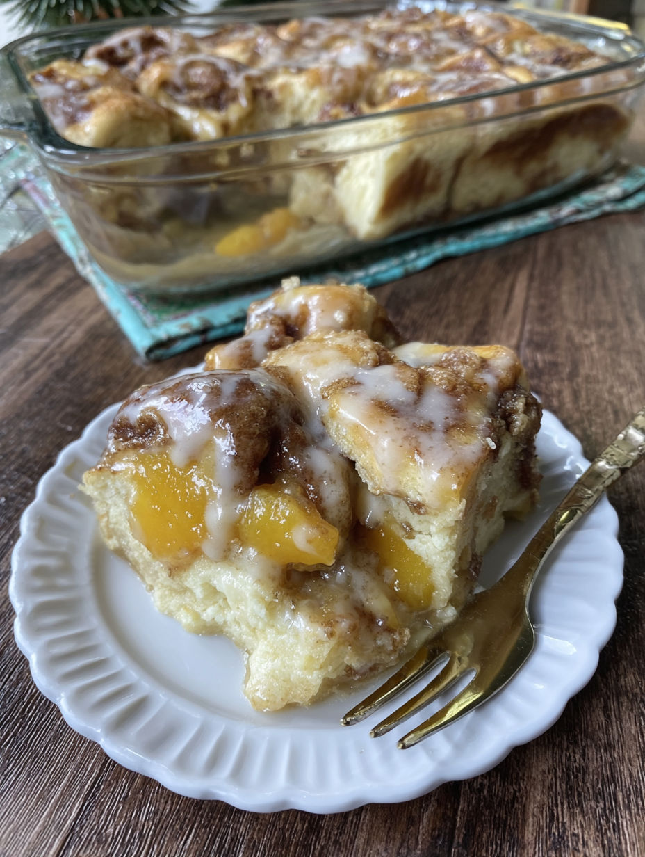A peach cinnamon roll casserole is served on a white plate.