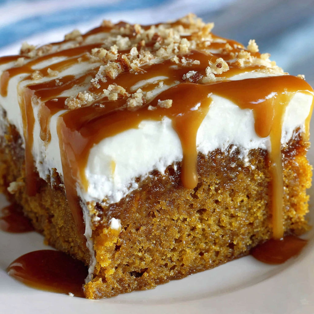 A slice of pumpkin spice poke cake.