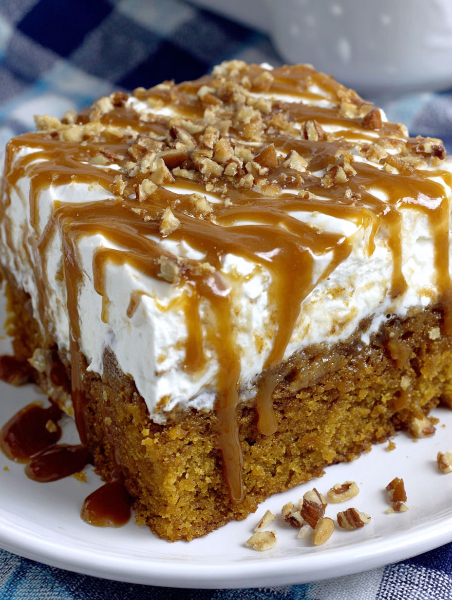 A slice of pumpkin spice poke cake.